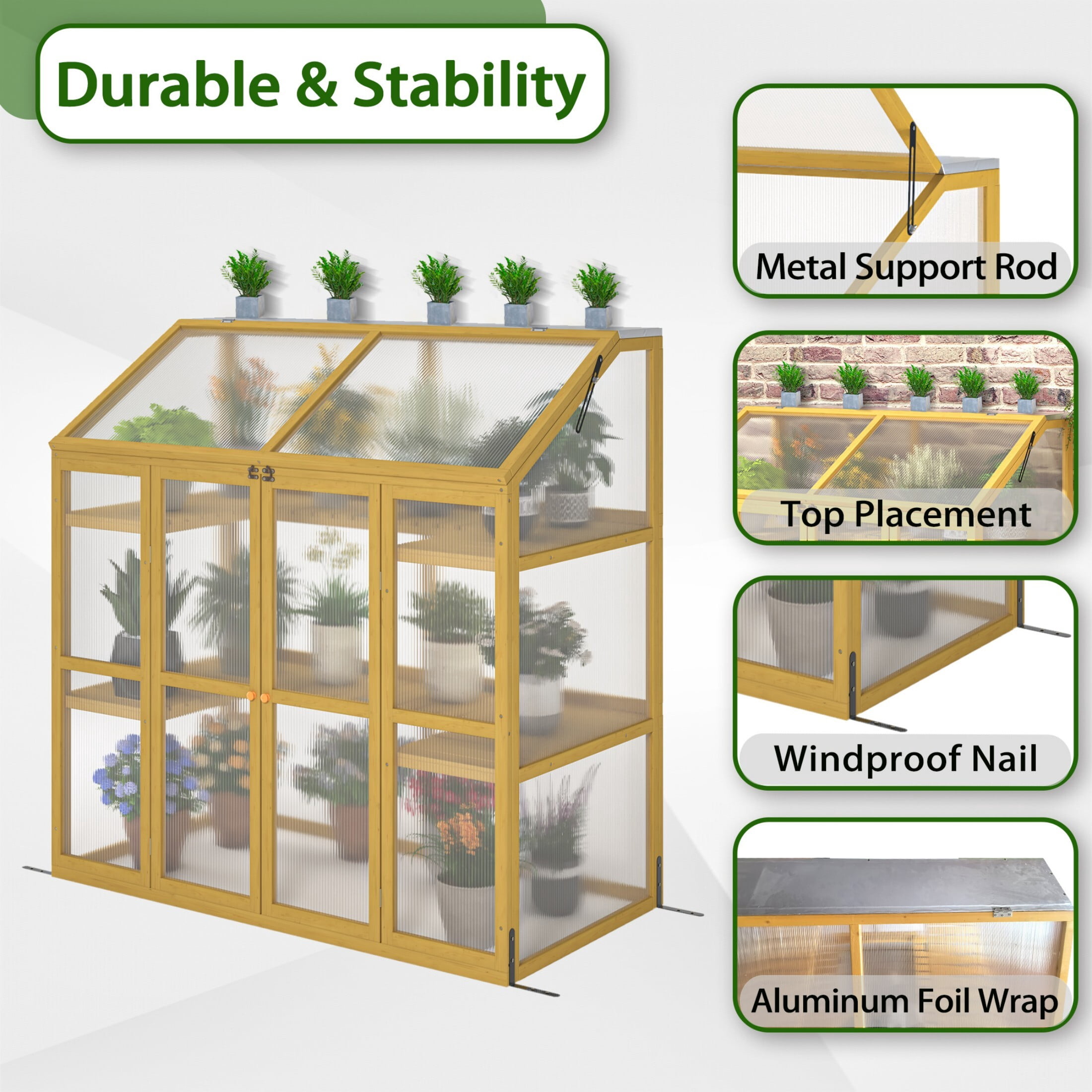 DEALTOPS Cold Frame Greenhouse for Plants, Wooden Greenhouse Cabinet Garden Shed with Polycarbonate Sheet and Foldable Top, Natural