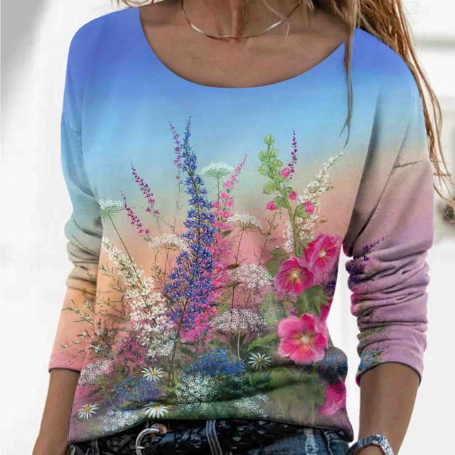 Ichuanyi Liquidación Fashion Women Impresión casual Redonda de manga larga Camiseta suelta Tops de blusa ICHUANYI WER2023081605465