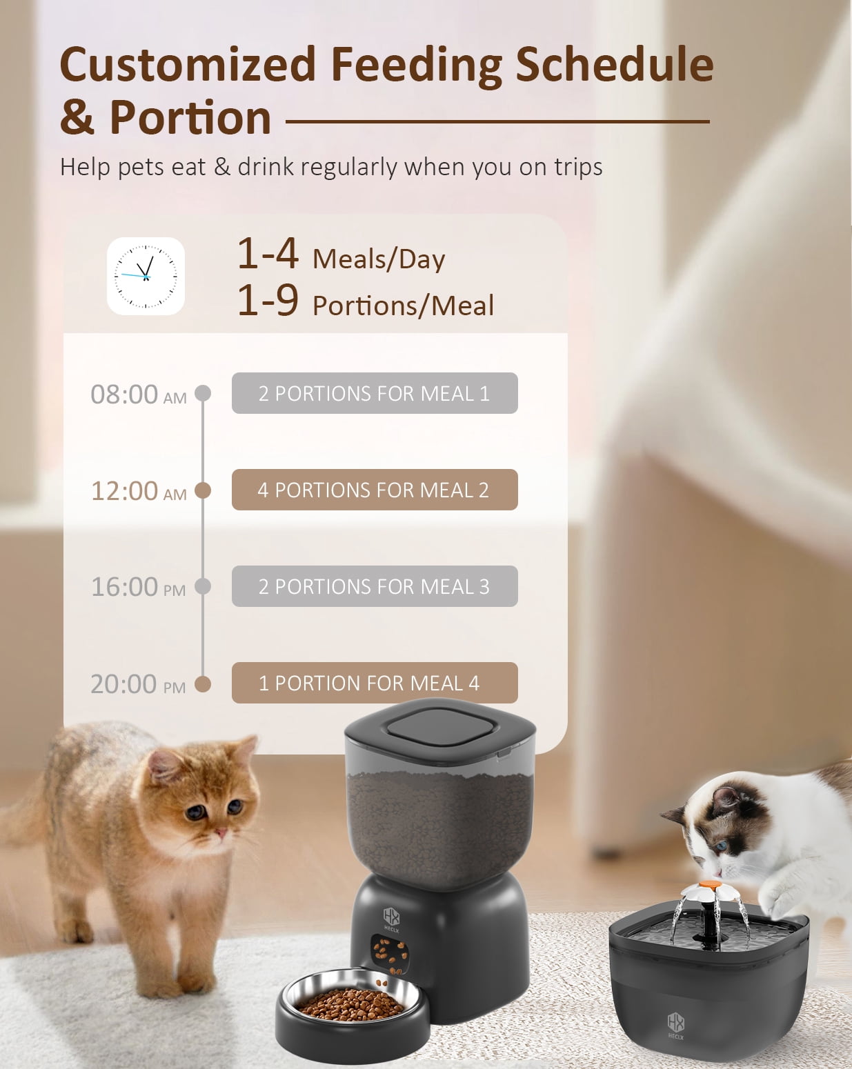 Automatic Cat Feeder and Water Dispenser Set with Pet Food Bowl, Smart Cat Food Timer Automatic Feeder, Locking Lid, Voice Recorder (Black)