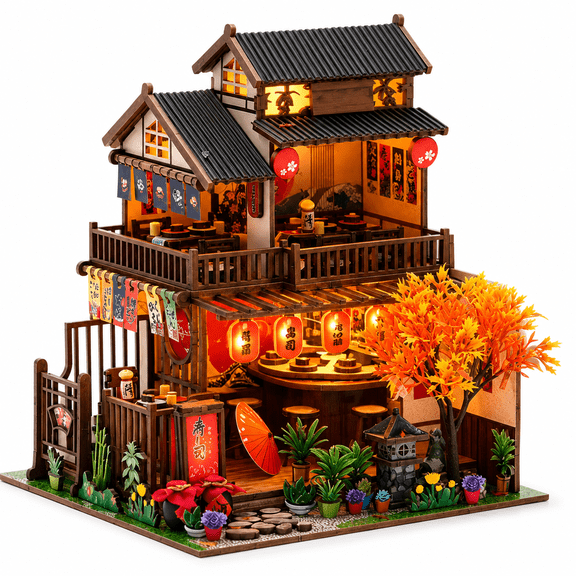 MOJINO Book Nook DIY Miniature House Kit for Adults, Japanese Street Tiny House Dollhouse with LED Light, 3D Wooden Puzzle Bookshelf Decor for Teens and Adults