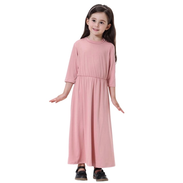 Rhuody Robe Fille Robe Maxi à Manches Longues Couleur Unie Col Rond Robe d'Été Combinaison Classique Rose 2-3 Ans