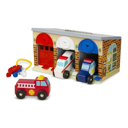 Melissa Doug Lock And Roll Rescue Garage 3 Wooden Vehicles