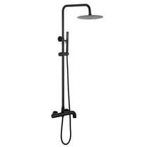 Exposed Shower System with Rainfall Head Handheld Spray and Tub Spout, Height Adjustable Solid Brass 3-Functions Wall Mounted Outdoor Complete Shower System, Matte Black