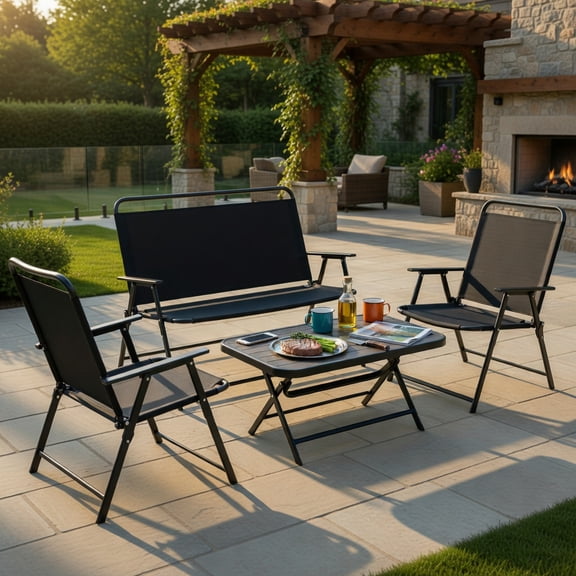 GVN Outdoor Conversation Sets,Patio Furniture Sets,4 Pieces Patio Folding Furniture Set with SPC Coffee Table and Patio Chairs-Black