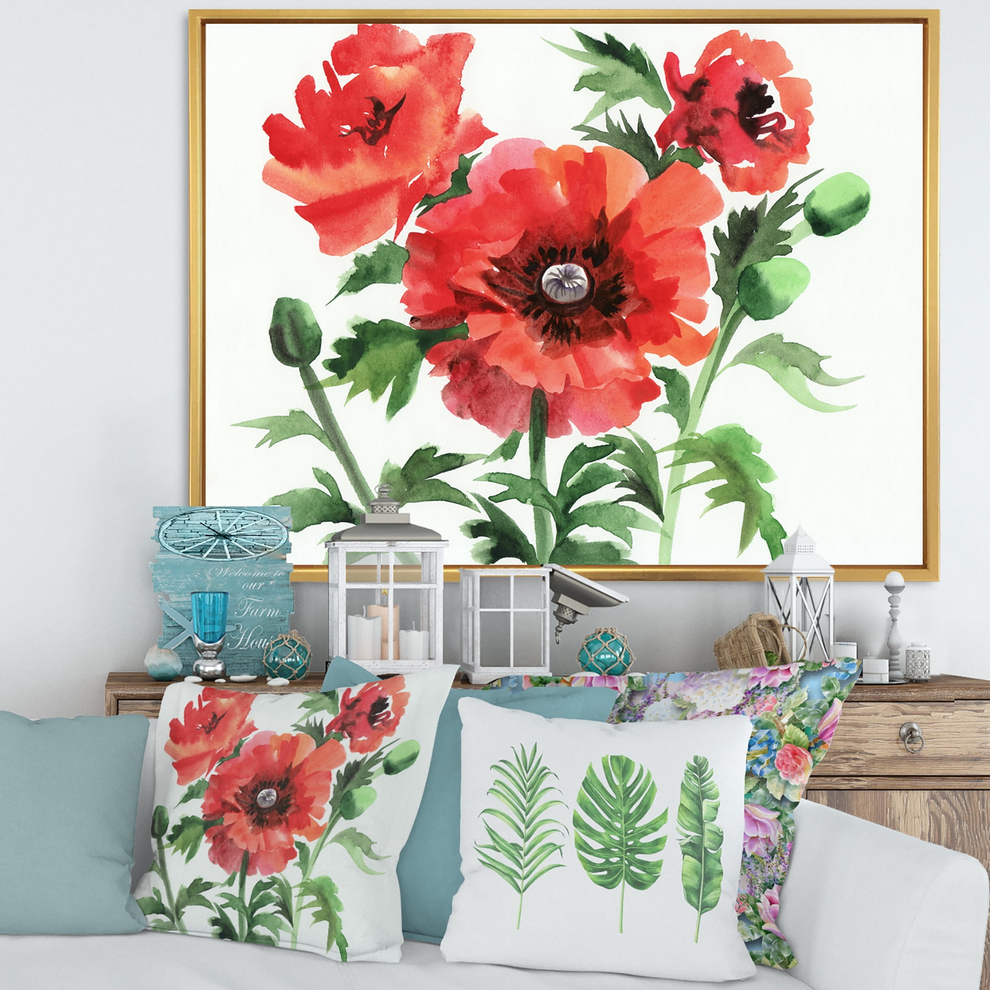 Designart 'Ancient Red Poppies II' Traditional Framed Canvas Wall Art Print