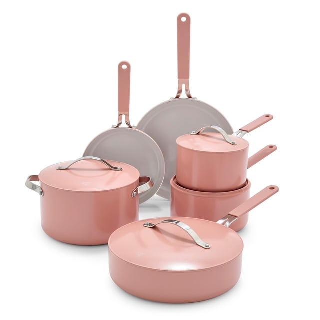 GreenLife Dream Juego de utensilios de cocina antiadherentes de cerámica de 10 piezas, sin PFOA, sin PFAS, ollas y sartenes con tapas, apto para lavavajillas y horno, asas que se mantienen frescas, el
