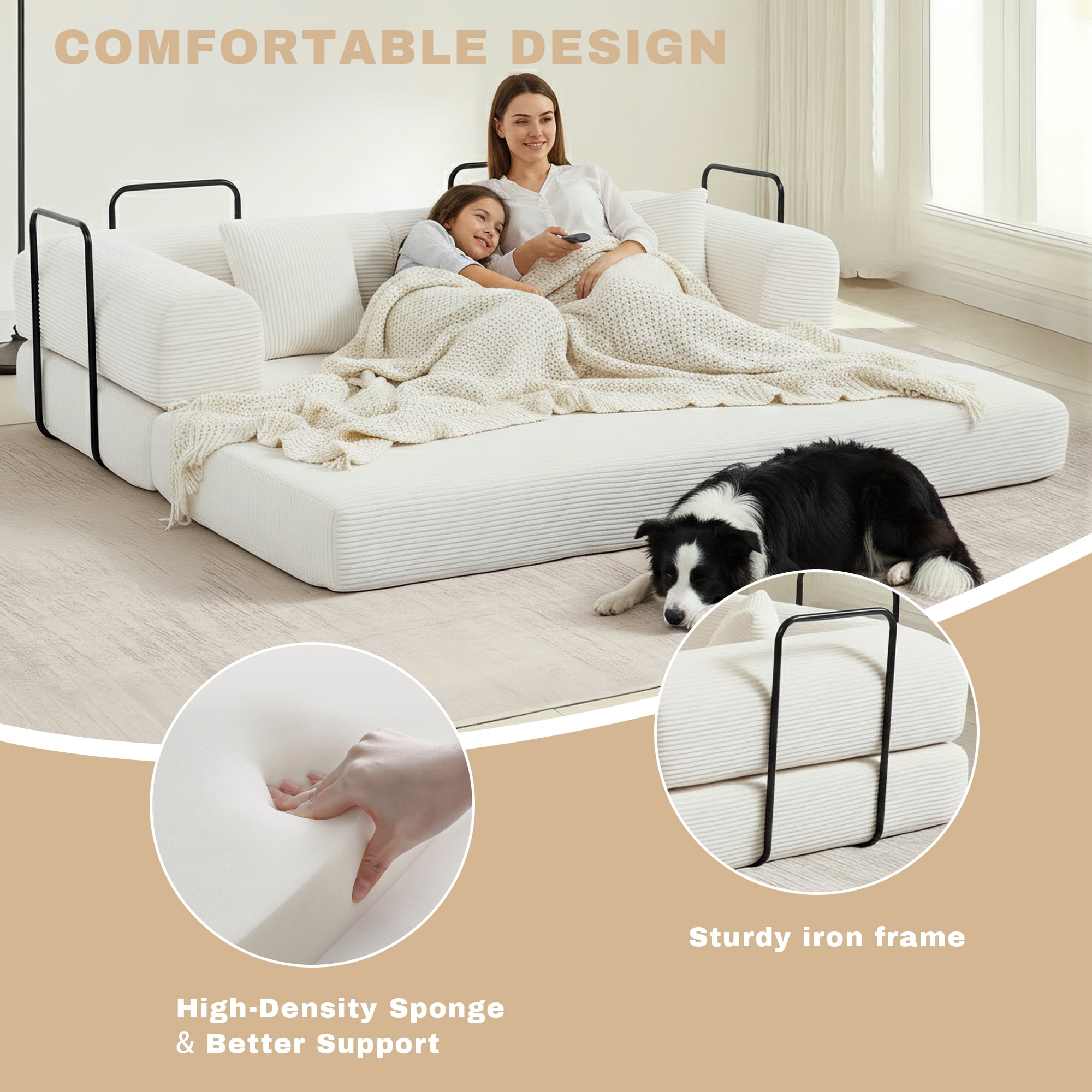 GAOHAPY 80" Convertible Sleeper Sofa Bed, Corduroy Foldable Futon Couch with Pillows, No Assembly Sofa Couch for Living Room Small Spaces Apartment