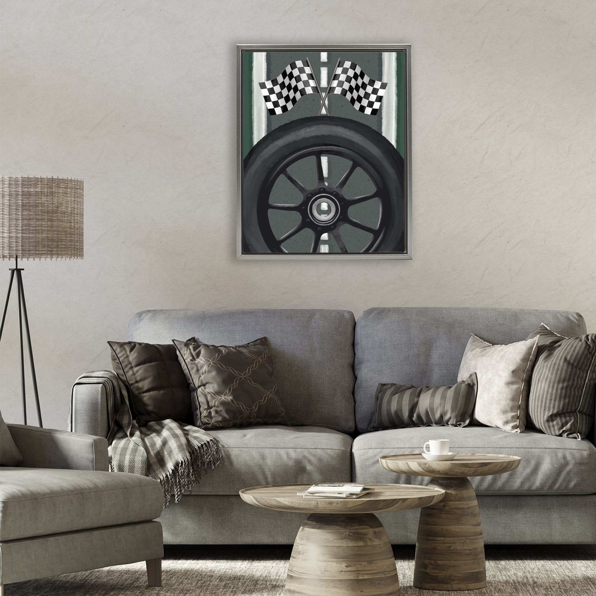 Stupell Industries Racetrack Flags & Tire Gray Framed Floater Canvas Wall Art, design by Jennifer Stith