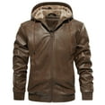 thumbnail image 3 of MANSDOUR Men's Faux Leather Jacket Winter Warm Fleece Lined Motorcycle Bomber Jacket with Hood Brown L, 3 of 7