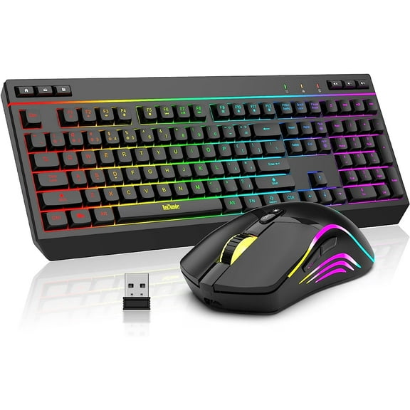 K20 Wireless Keyboard and Mouse Combo, Full Size Anti-Ghosting Keyboard with Multimedia Keys + 7D 4800DPI Optical Mice, Rechargeable RGB Gaming/Office Set for PC Laptop Mac Xbox (Black)