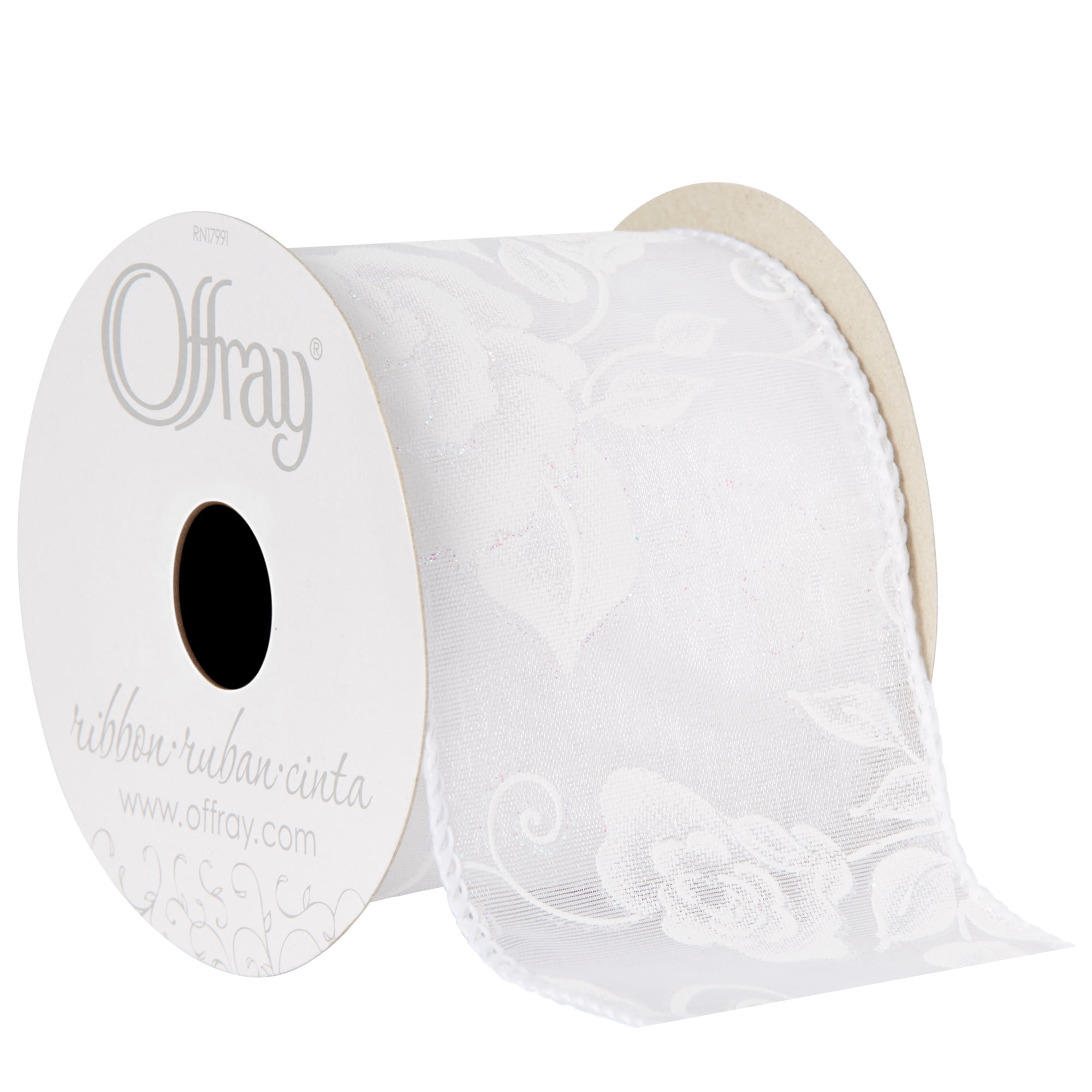 Offray Ribbon, White 2 1/2 inch Wired Rose Sheer Ribbon for Floral, Crafts, and Decor, 9 feet, 1 Each