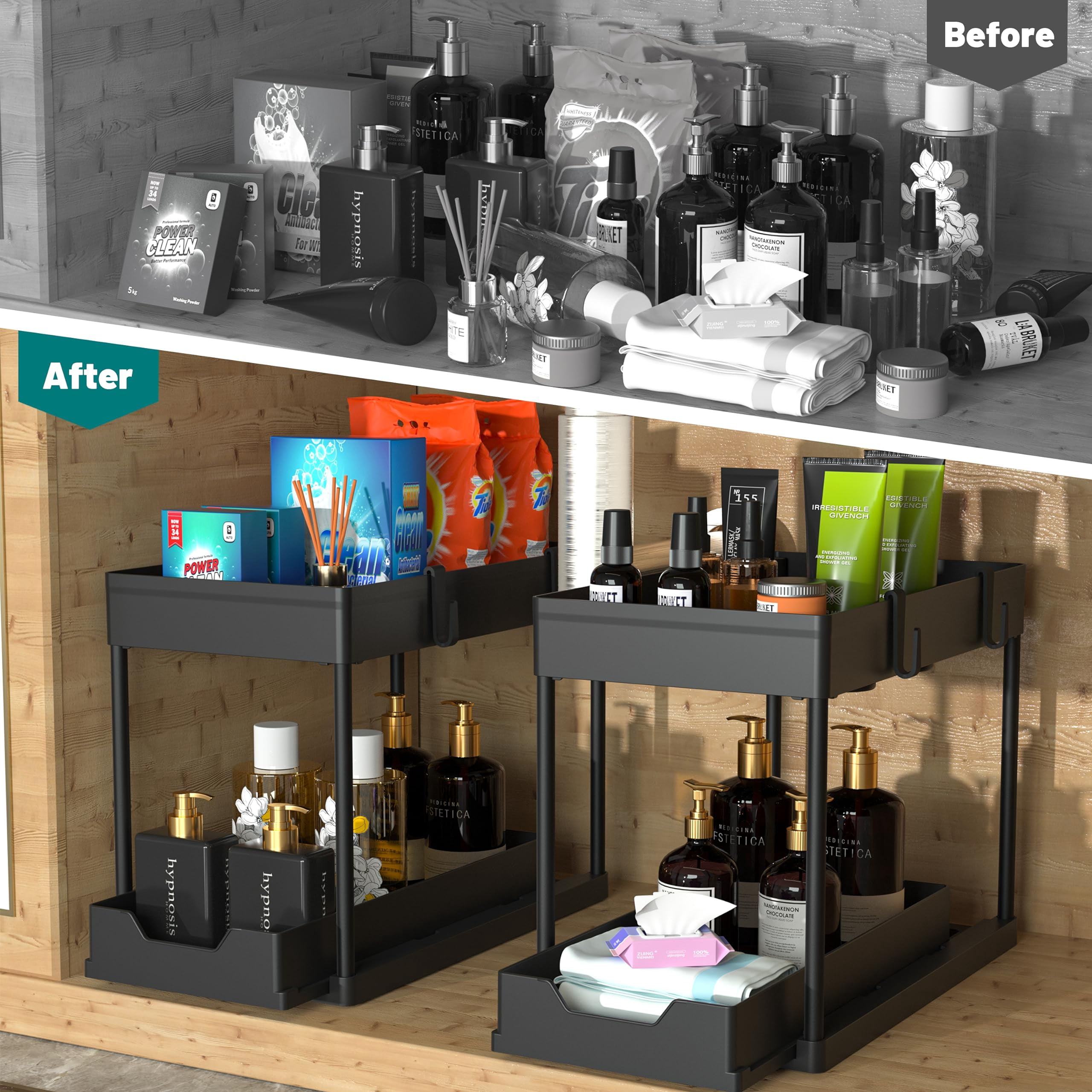 Under Sink Organizer 2 Pack  Bathroom Cabinet 2 Tier Sliding Basket Drawer Multi-purpose Bath Collection Baskets For (black)