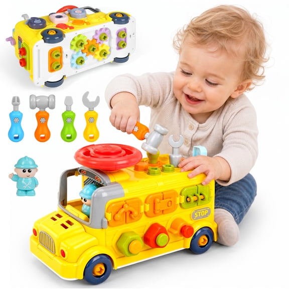 Huge Wave Baby Montessori Learning Toys, Sensory Activity Bus Toddler Toys, Educational Interactive Learn Car, Birthday Gift for 1 2 3 Years Old Boys Girls