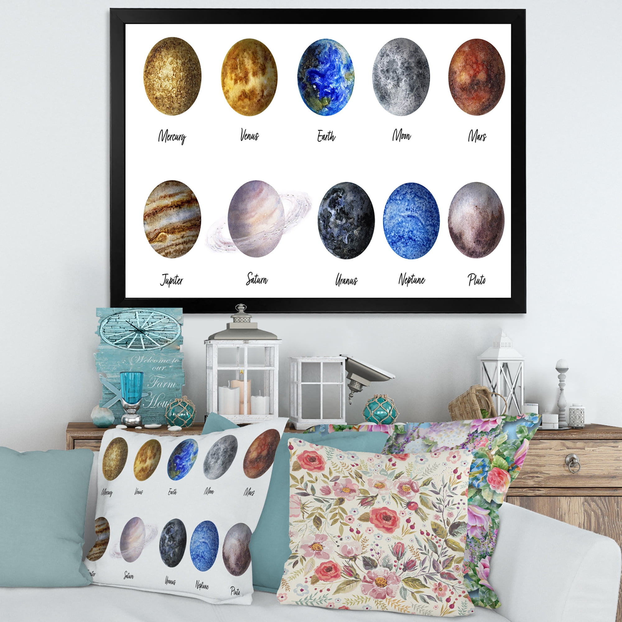 Designart 'All Planets United On White' Modern Framed Art Print
