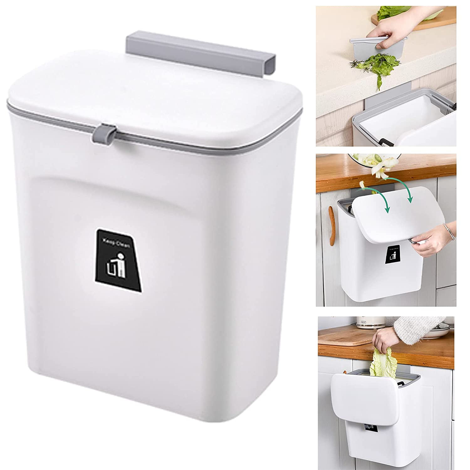 White Garbage Can for Cupboard/ Bathroom/ Bedroom/ Office/ Camping 2.4 Gallon Kitchen Compost Bin with Inner Bucket Wall Mounted Indoor Hanging Trash Can with Lid for Under Sink or Cabinet Door 