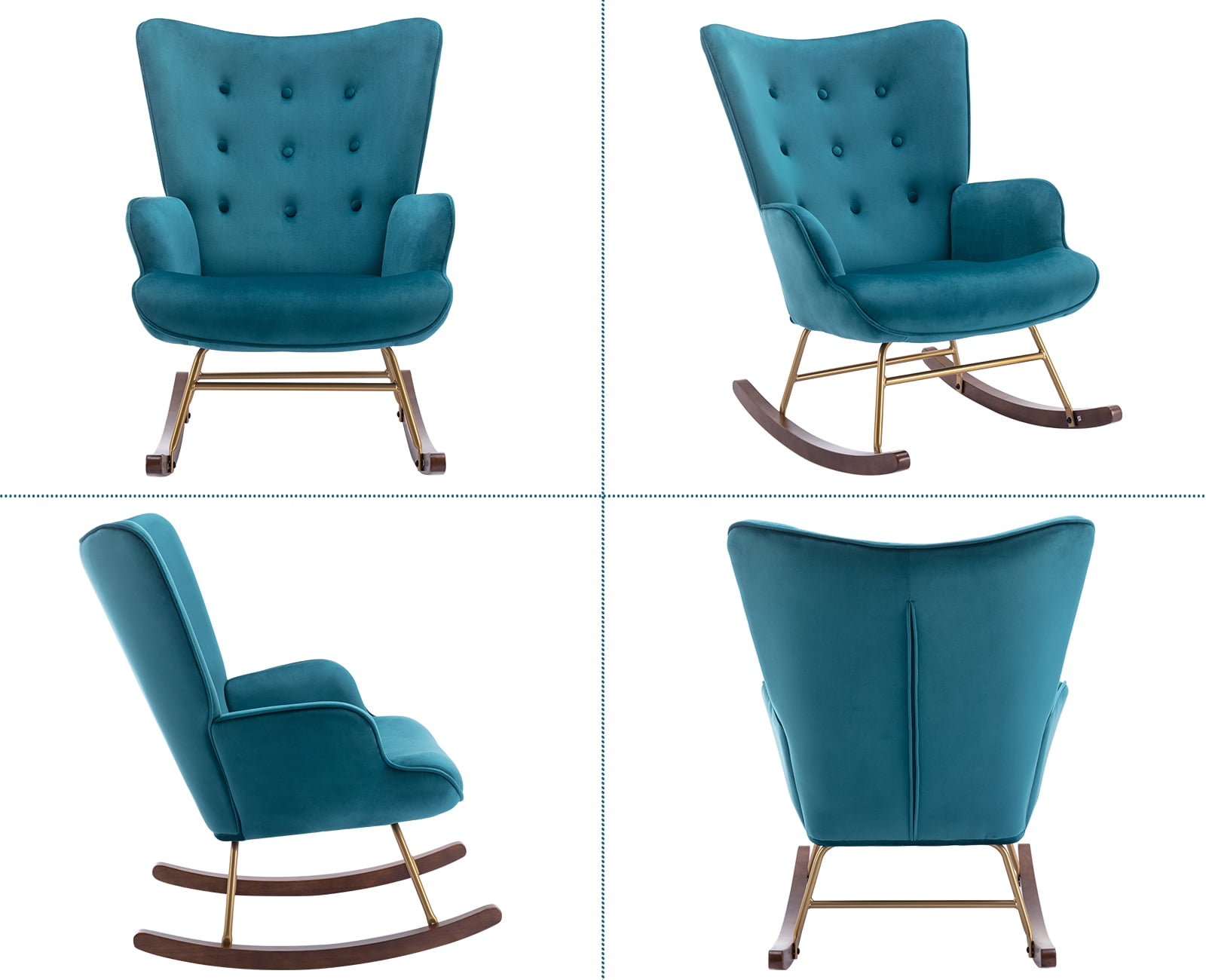 Guyou Modern Rocking Chair, Glider Nursery Chair with Tufted Wingback, Velvet Upholstered Accent Armchair for Living Room Bedroom Nursery, Teal Blue