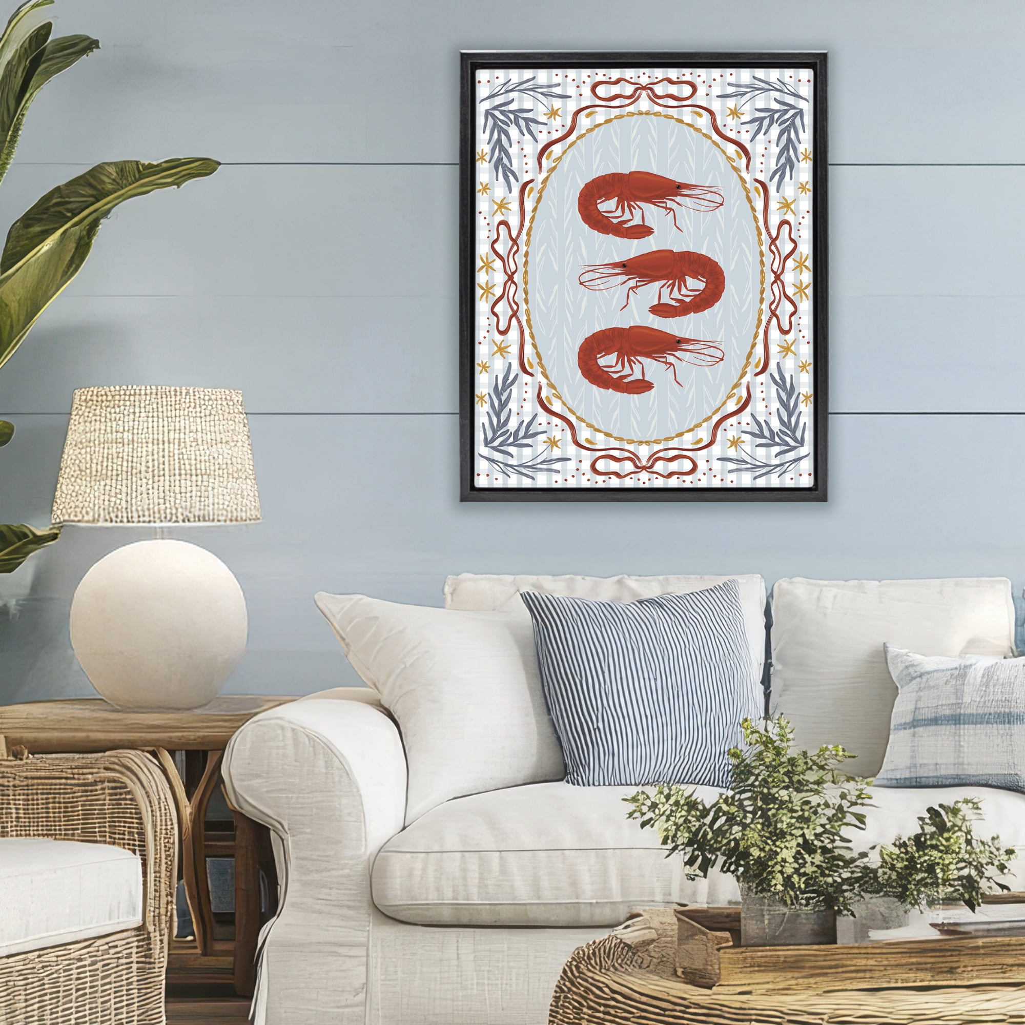 Stupell Industries Three Red Prawns on Gingham Black Framed Floater Canvas Wall Art, design by Vero Illustrates