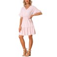 thumbnail image 2 of INSPIRE CHIC Women's Boho V Neck Smocked Waist Ruffled Tie Hem Peasant Bohemia Dress XS Pink, 2 of 5