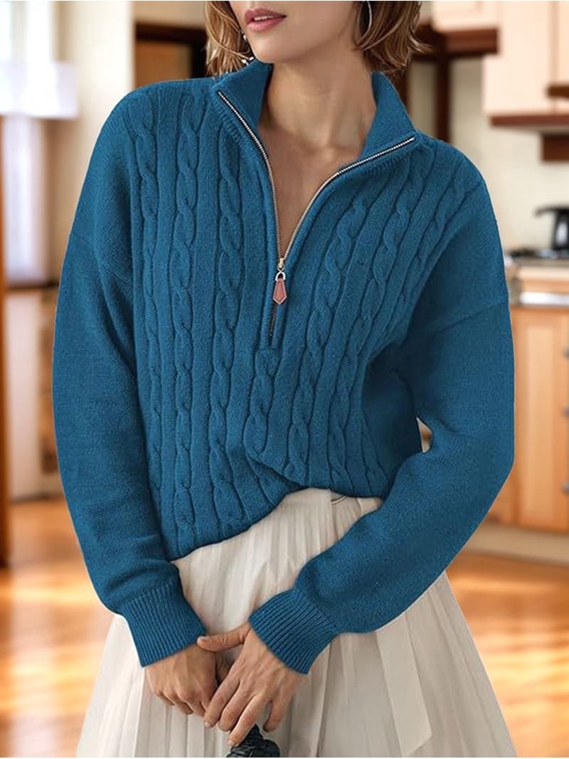 Women'S Sweaters Fall Winter Quarter Zip Casual Ribbed Cable Knit