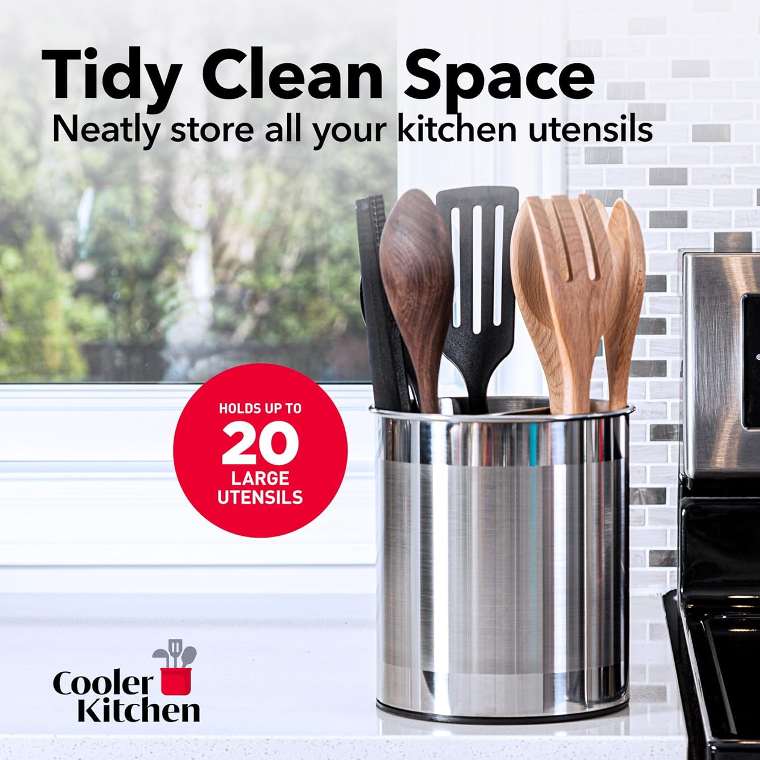 Extra Large Rotating Stainless Steel Utensil Holder with Weighted Base, Removable Divider and Non-Slip Insert