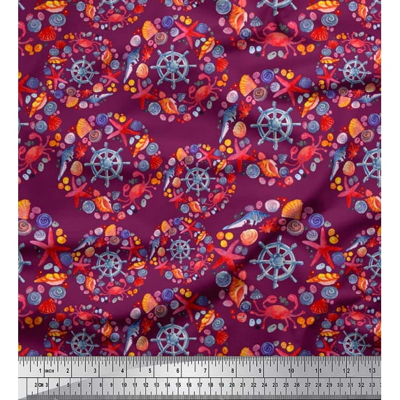 Soimoi Pink Japan Crepe Satin Fabric Ship Wheel,Starfish & Seashell Ocean Print Fabric by Yard 42 Inch Wide