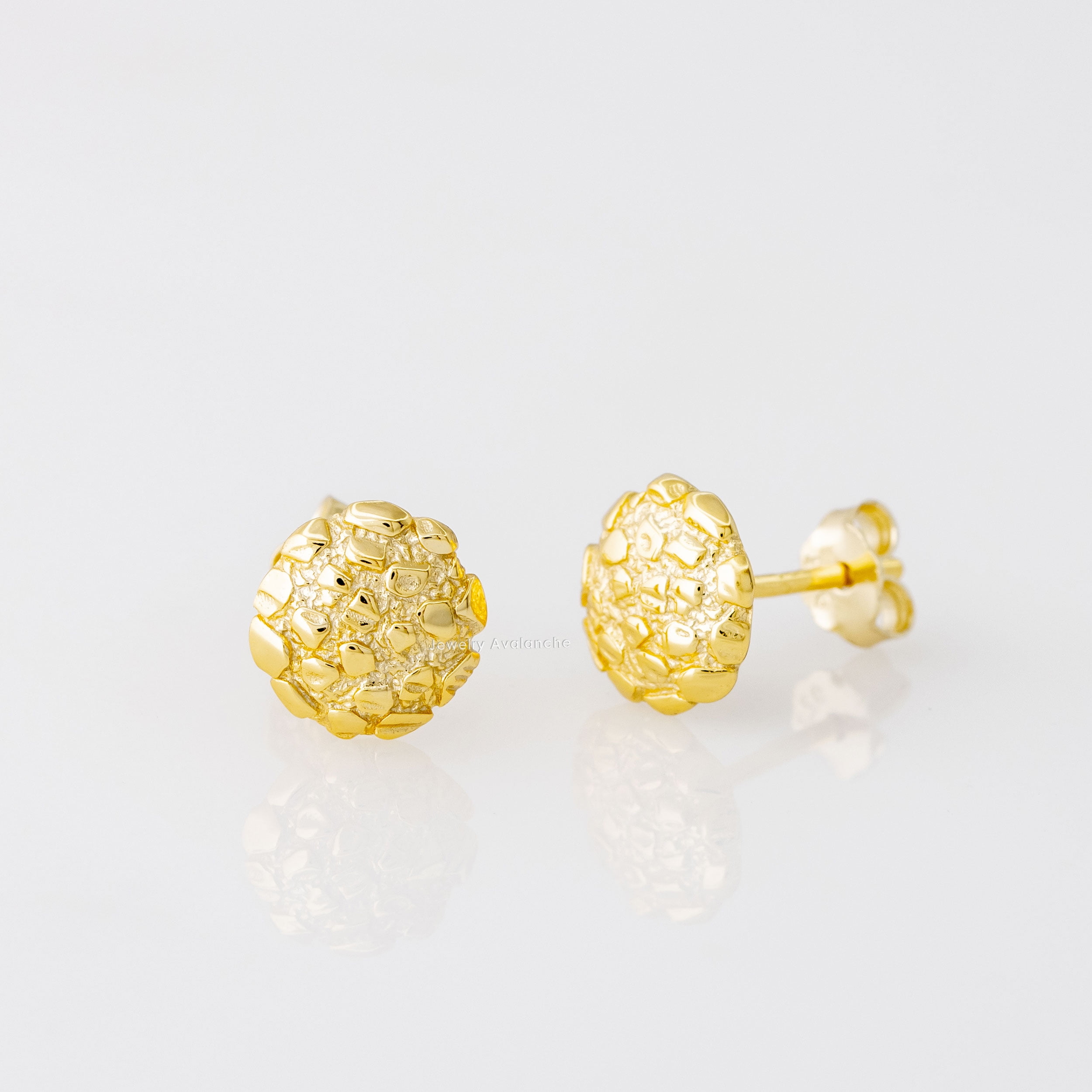 Nugget Stud Earrings - Yellow Gold Plated Sterling Silver Textured Chunky Studs - Hypoallergenic Minimalist Earrings for Men-Women 8mm