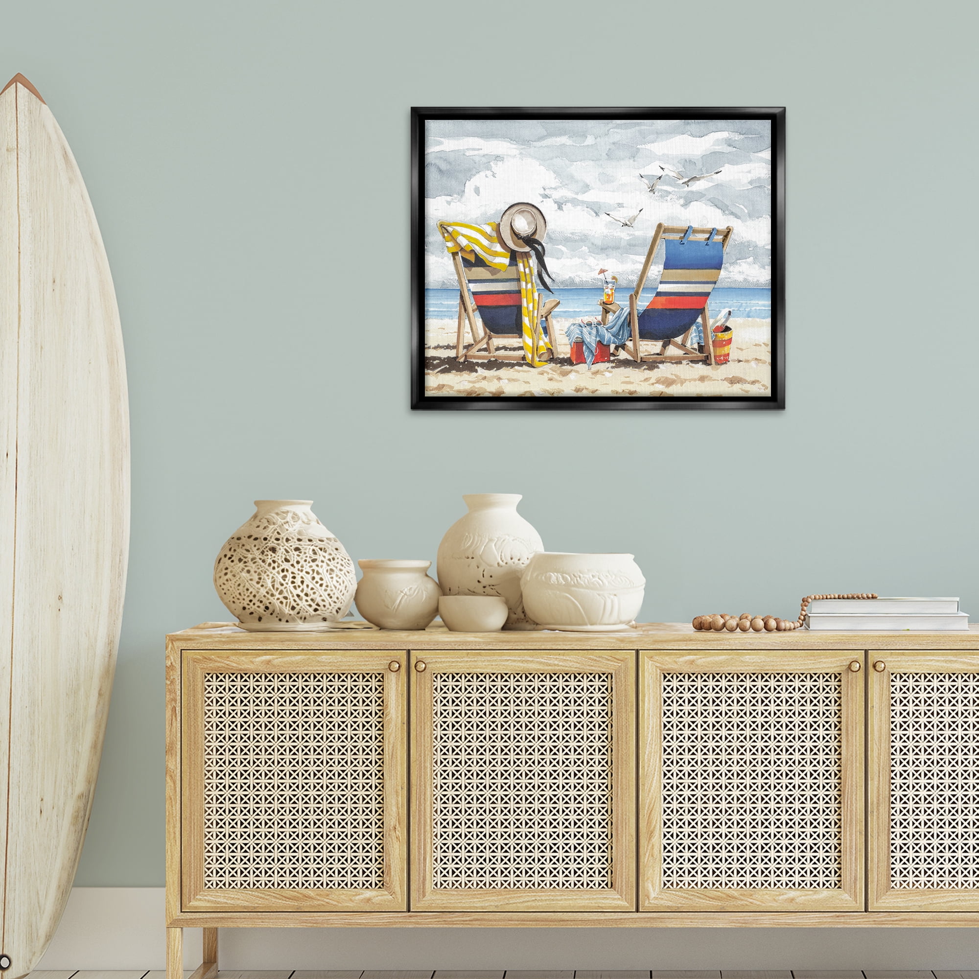 Stupell Industries Peaceful Beach Chairs Hangout Landscape & Nature Painting Black Floater Framed Canvas Art Print Wall Art, 31 x 25