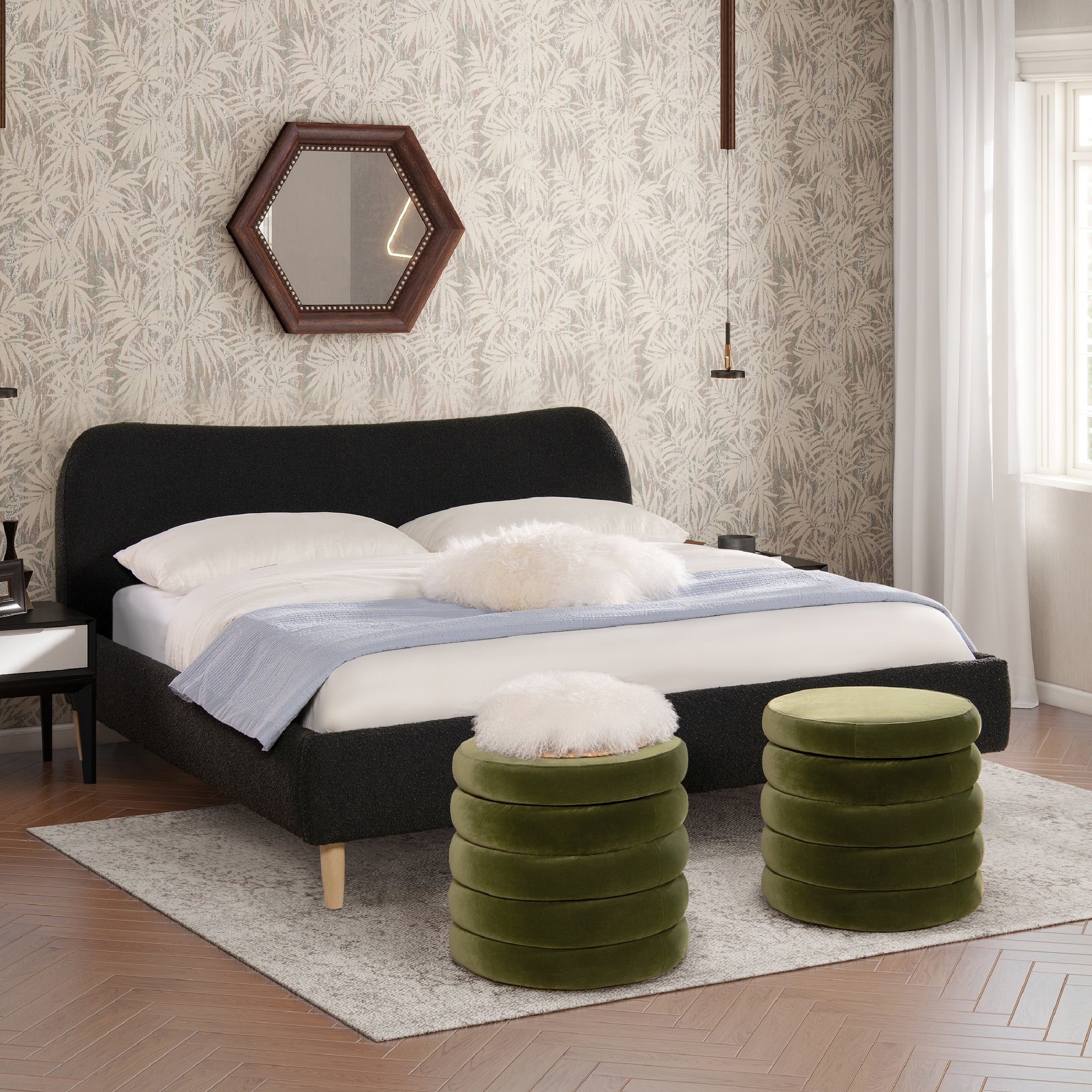 Jennifer Taylor Home Roman Curved Headboard Upholstered Platform Bed, King, Ebony Black Boucle