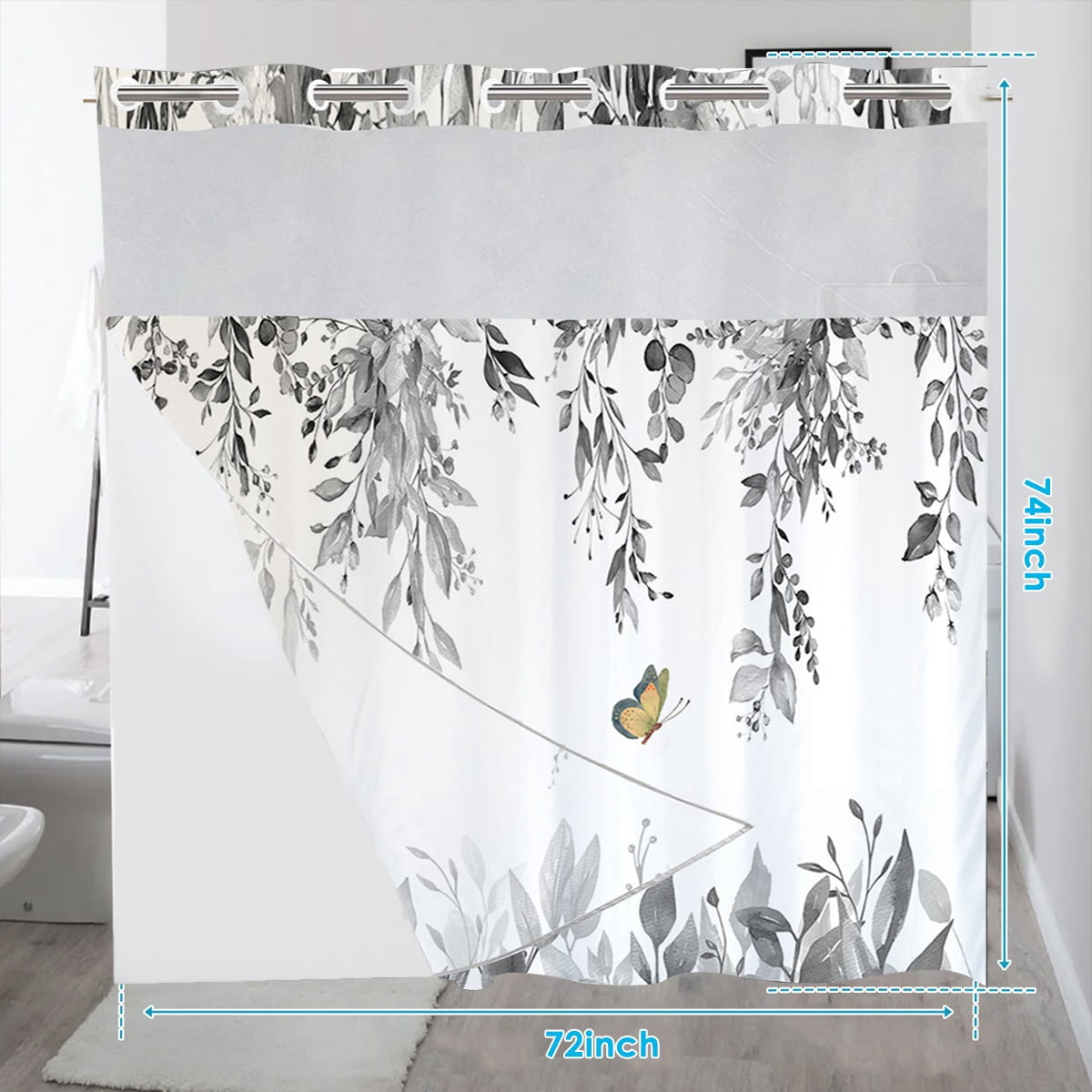 Dznils No Hook Shower Curtain with Snap-in Liner, Gray Eucalyptus Fabric Bathroom Curtain, 72" x 74"