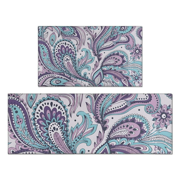 Purple and Teal Paisley and Floral Pattern Kitchen Rugs Sets Of 2,Anti Fatigue Kitchen Mat Rugs Non Slip Washable,Decorative Kitchen Floor Mats for Kitchen,Sink,Laundry,17"x30" 17"x47"