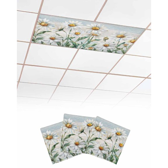 Fluorescent Light Covers for Ceiling Lights 3 Pack,Vintage Flowers Magnetic Ceiling Light Covers 2x4ft for Classroom Office School,White Daisy Spring Floral Summer Botanical Drop Ceiling Light Shade
