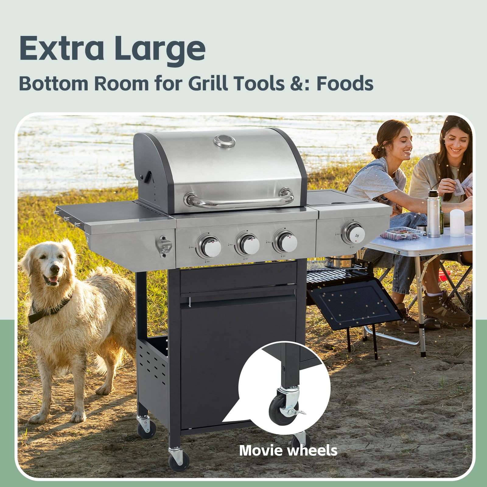 MEWANG 3 Burner Propane Gas Grill with Side Burner,Stainless Steel Gas Grill for Outdoor BBQ,Camping