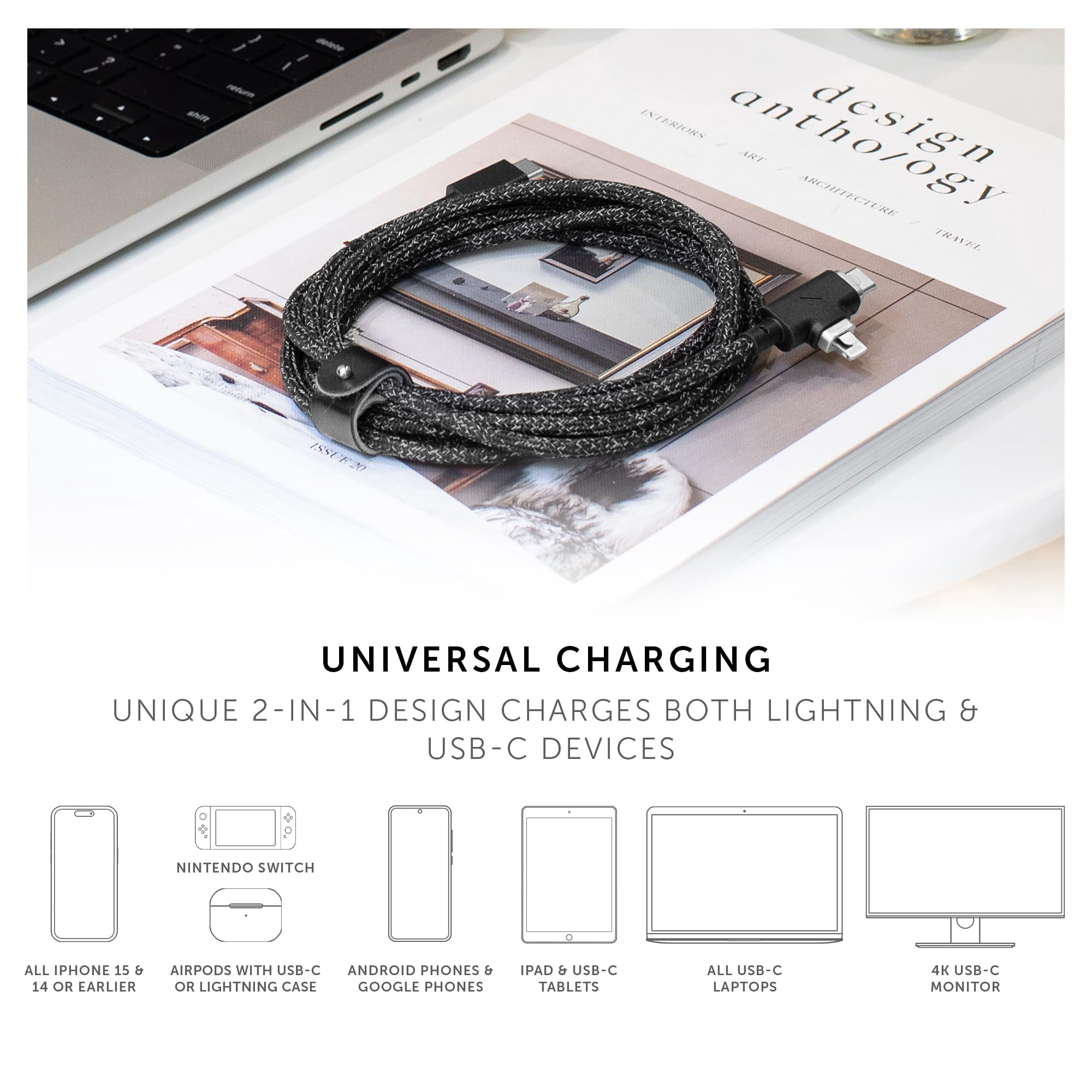 Native Union Belt Cable Duo Pro 240W – 2-in-1 8ft Universal USB C Charging Cable (Zebra)