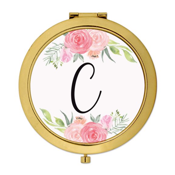 Koyal Wholesale Compact Mirror Bridesmaid's Wedding Gift, Gold, Monogram Letter C, Peach and Pink Roses, 1-Pack
