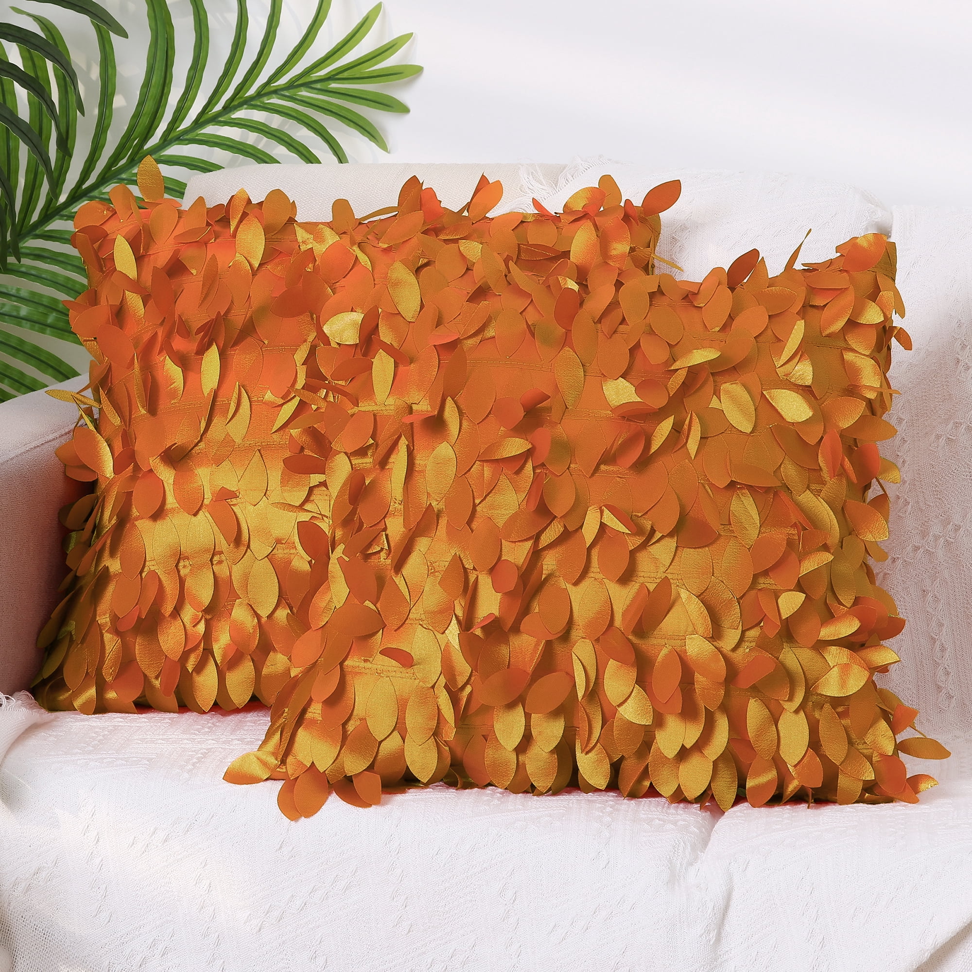 Unique Bargains Sequins Leaf 3D Throw Pillow Cover Pack of 4 Solid Color Cushion Covers Orange/Gold 18" x 18"