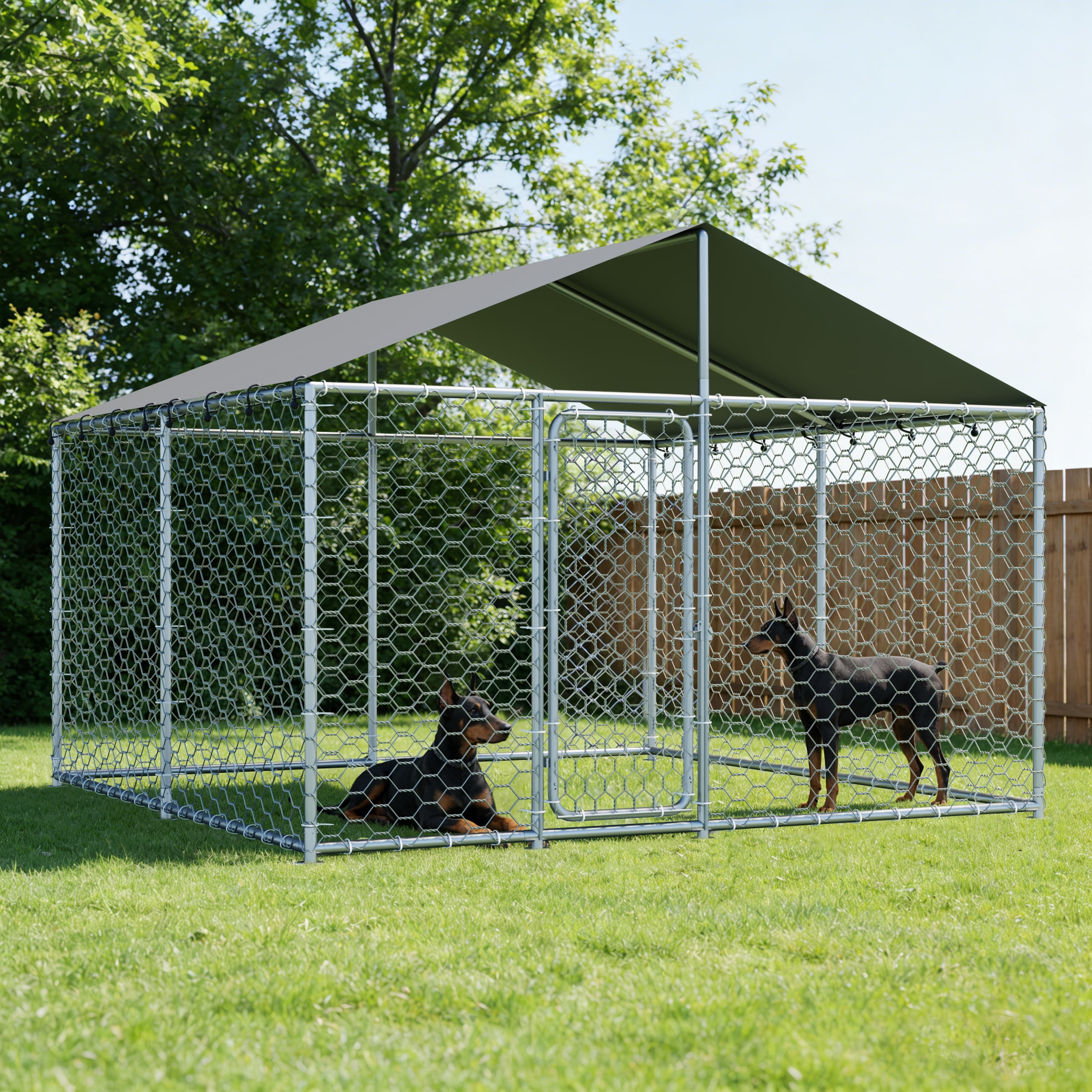 YOKWOK 10x10ft Outdoor Dog Kennel Heavy Duty Metal Dog Pet Enclosure, with Galvanized Steel Fence and Metal Gate, UV Waterproof Sun Resistant Roof Cover and Secure Lock
