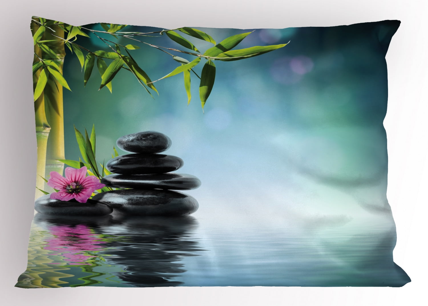 Zen Garden Pillow Sham Pink Flower Spa Stones and Bamboo Tree on the