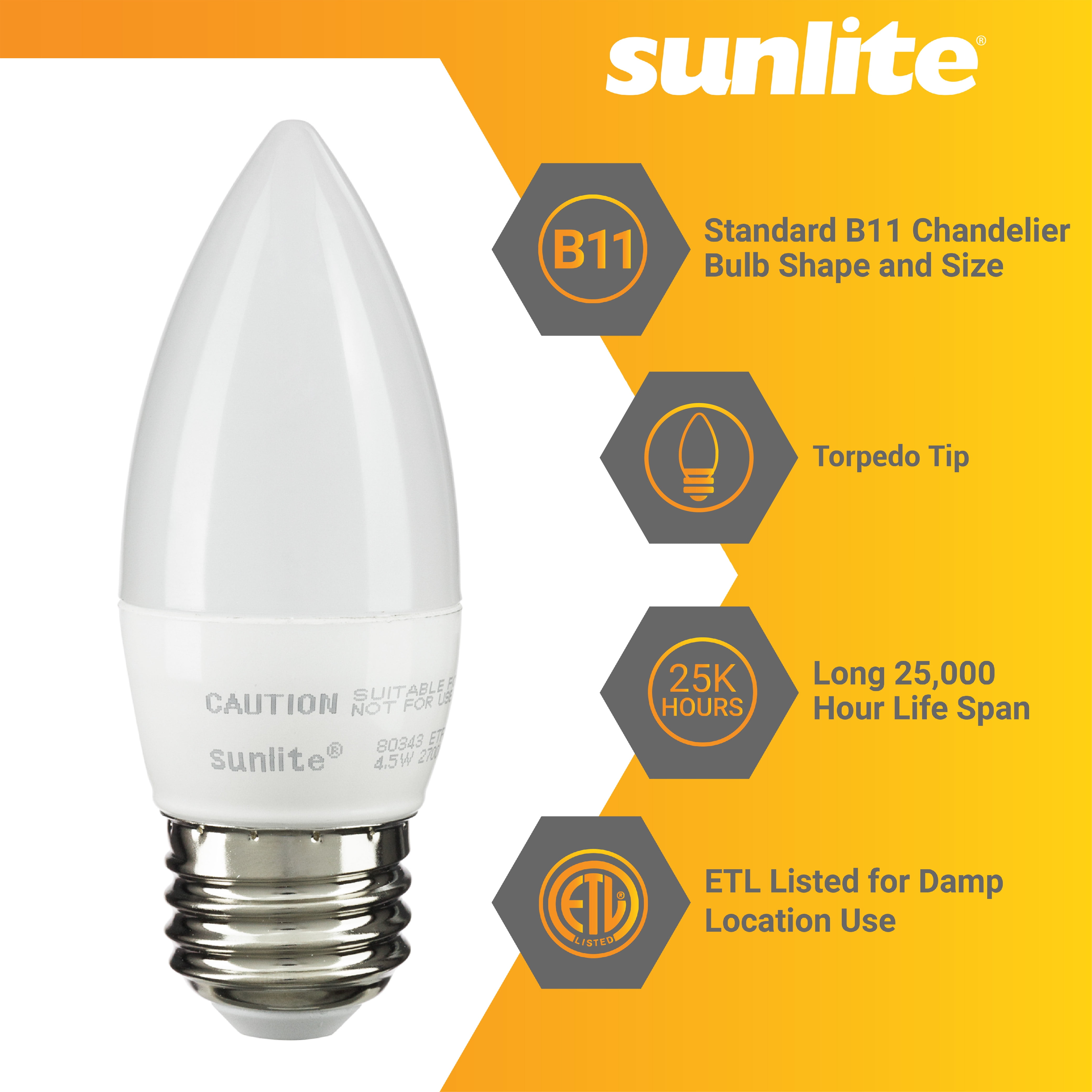 Sunlite LED B11 Torpedo Tip Chandelier Light Bulb, 7 Watts (60W Equivalent), Medium E26 Base, Dimmable, 2700K Soft White, Frost, 6 Pack