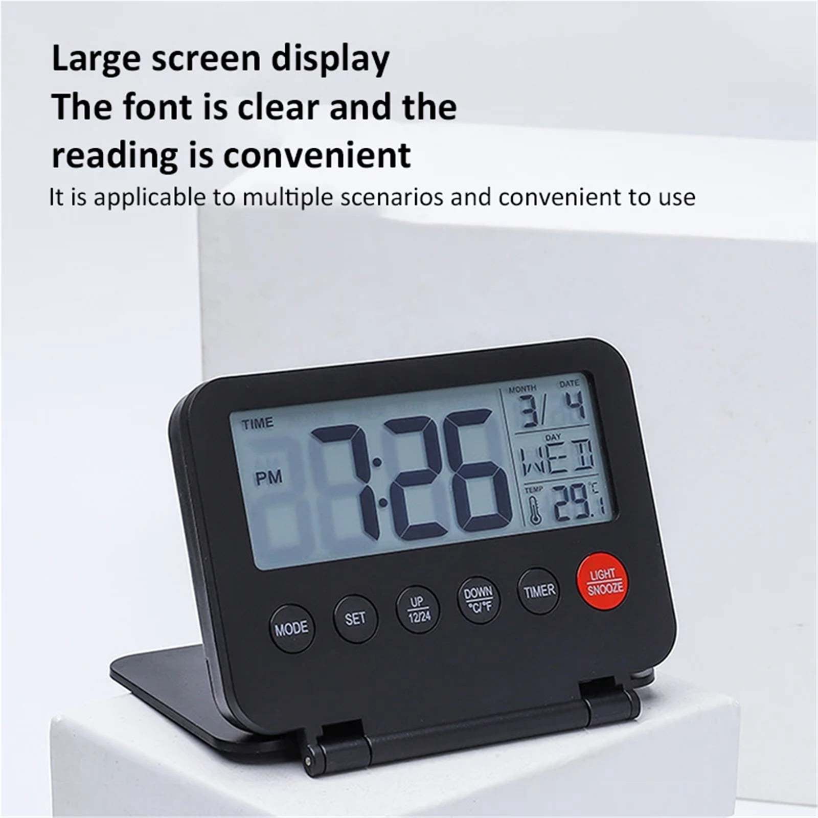 Travel Alarm Clock Ultra-thin Small Digital Clock Folding Battery Operated Alarm with Calendar/Backlight/Temp/Snooze