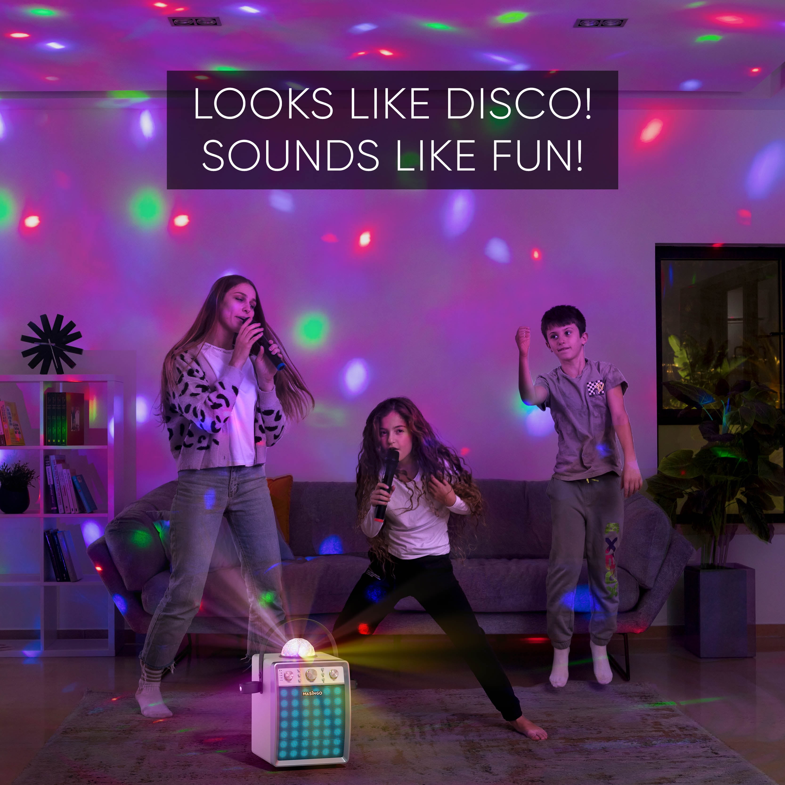 MASINGO Karaoke Machine for Adults & Kids with 2 Wireless Microphones - Portable Singing PA Speaker System Set w/Two Bluetooth Mics, Disco Ball Party Lights & TV Cable - Ostinato M7 (White)