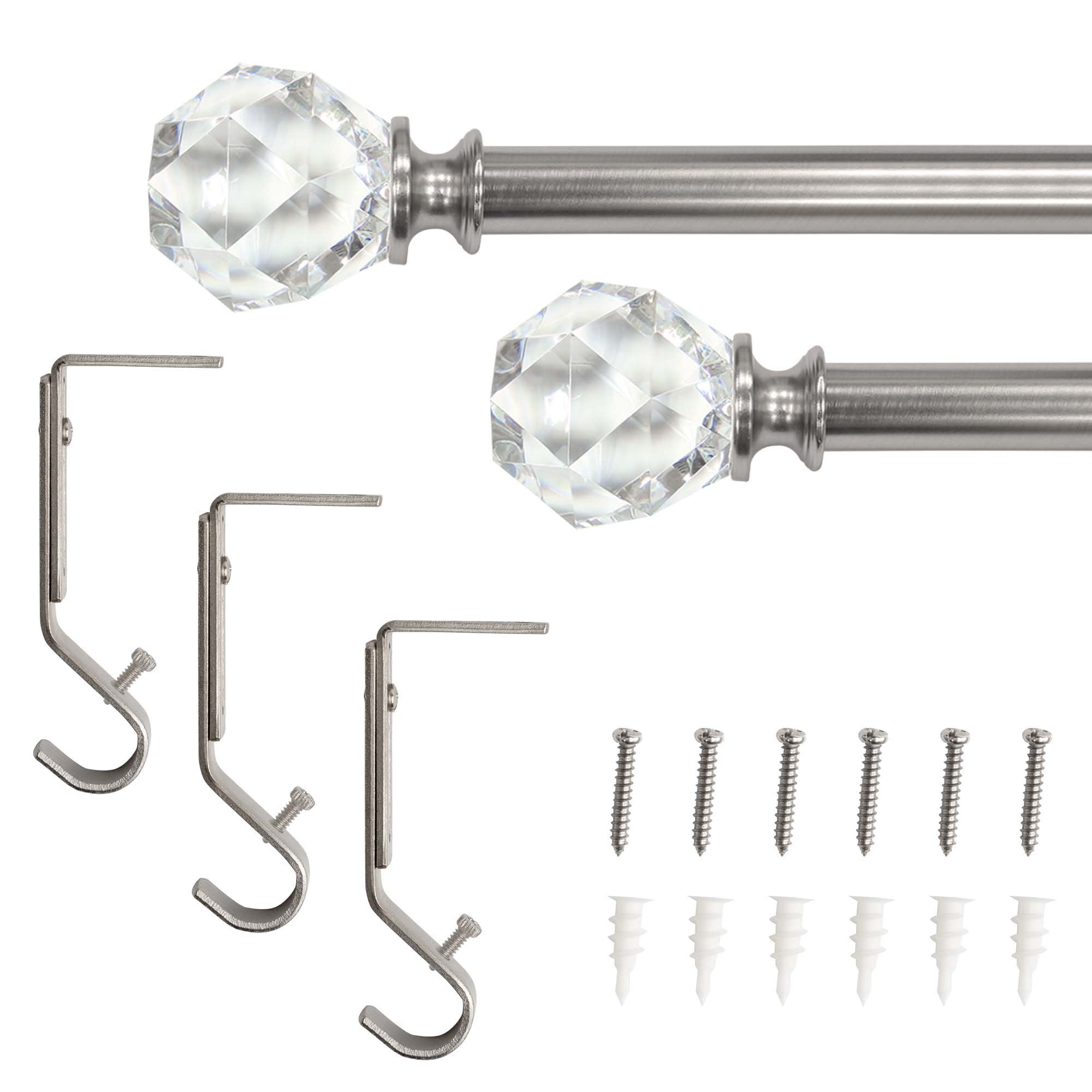 Lumi 3/4" Brushed Nickel Faceted Crystal Single Curtain Rod, 66-120"