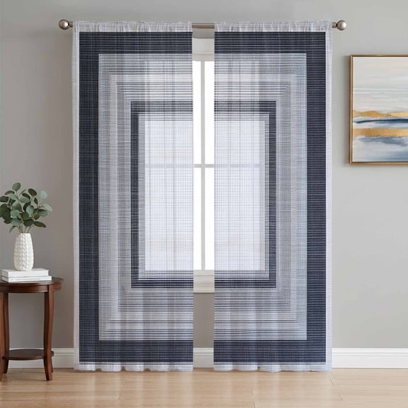 Black Grey Gradient Sheer Curtains 63 Inch Length 2 Panels Set, Gray White Square Geometric Voile Window Treatment Rod Pocket Curtains Sheers Drapes for Bedroom/Living Room/Kitchen 52x"63"x2
