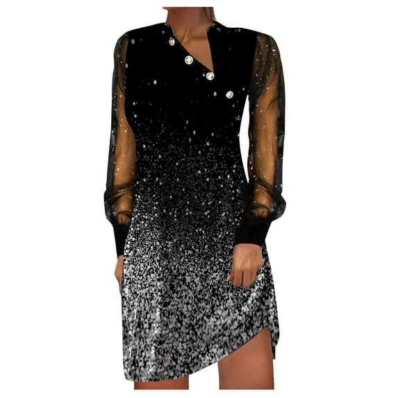 Spring Dresses for Women 2023 HIMIWAY Women's Casual Loose Button Mesh Stitching Digital Print Long-sleeved Dress Gray S