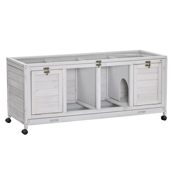 Wooden Rabbit Hutch with Wheels, Bunny Cage - 2 Story Indoor Outdoor Small Animal Habitat for 1-2 Rabbits - Light Gray