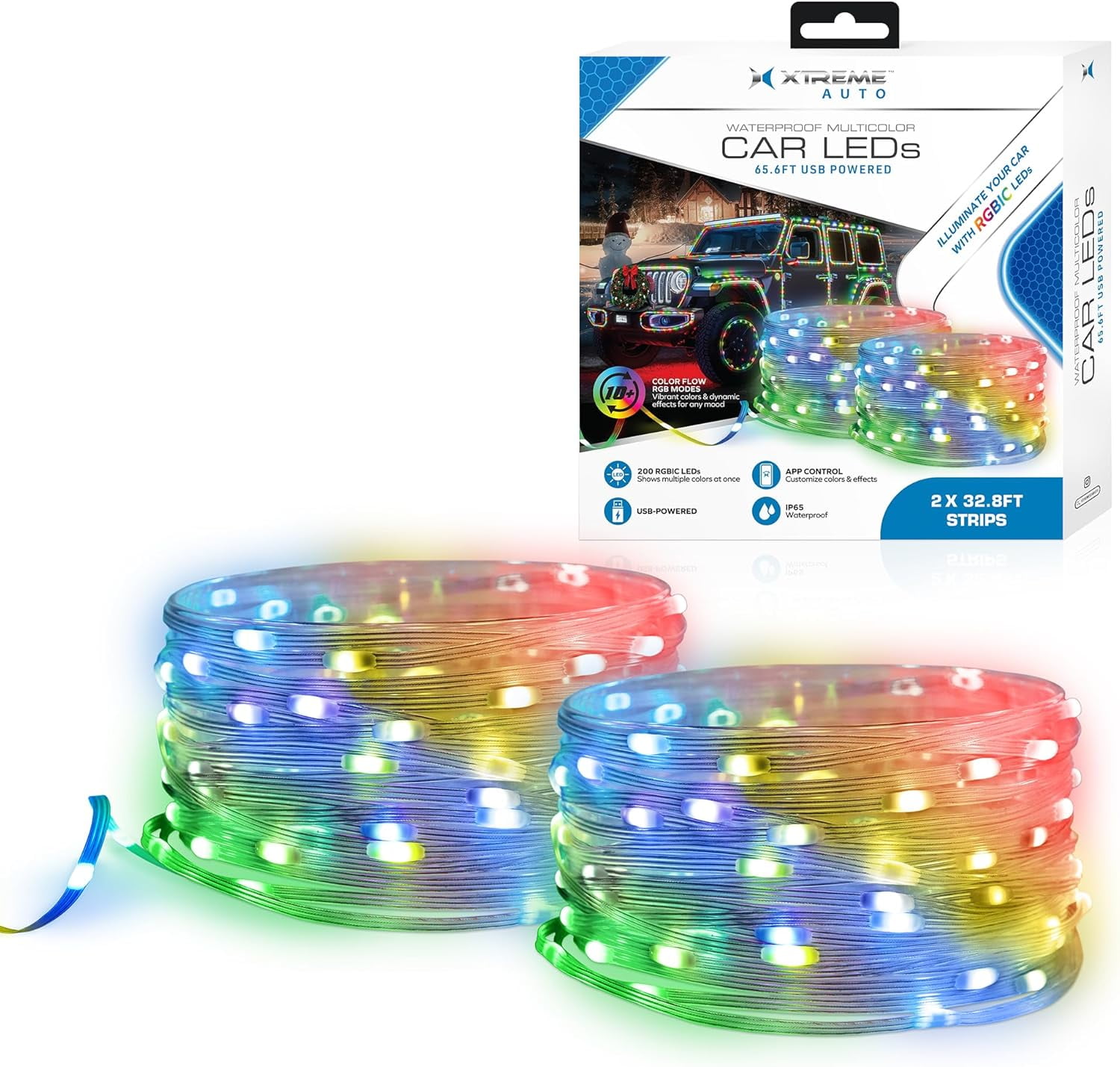 Xtreme Car Exterior RGB+IC LED Lights, 65.6’ Foot Multicolored Color Flow Lights, 200 LEDs, IP65 Waterproof, USB Powered, App Control, Car Accessories and Décor for Christmas, Holidays, Year Round