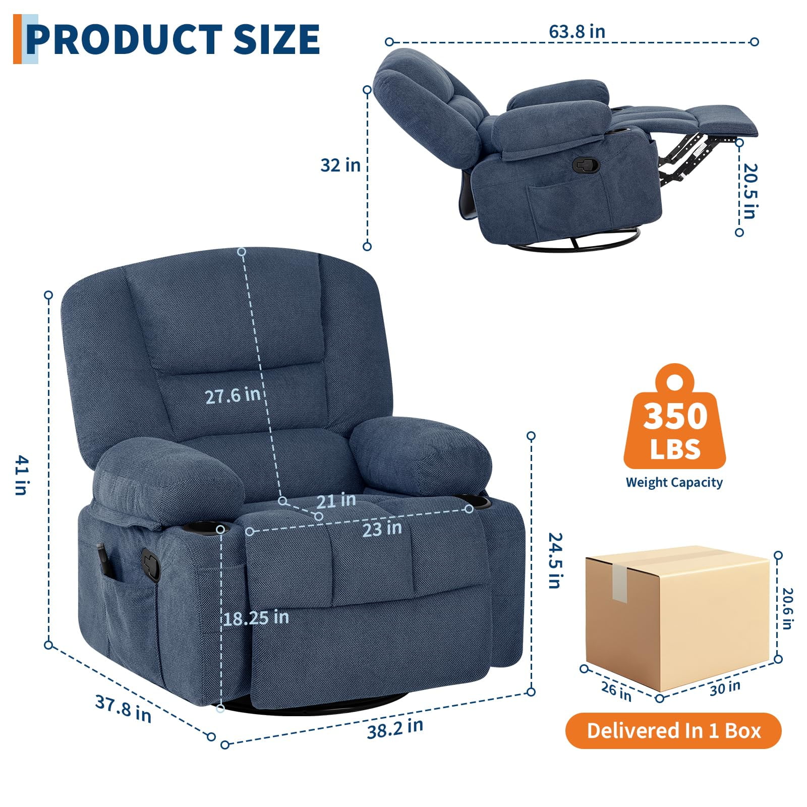 Oversized Power Recliner Chair with 360° Swivel, Rocking, Massage & Heating - Extra Wide Chenille Lounge Sofa with Remote, Cup Holders, Side Pockets, USB Port - Living Room, Bedroom