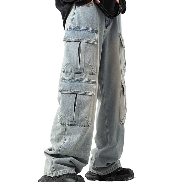 FYEGRE Travel Comfort Jeans Japanese Style Men's Distressed Washed Denim Jeans Loose Fit Casual Trousers With Multiple Pockets For Spring Fashion Blue L