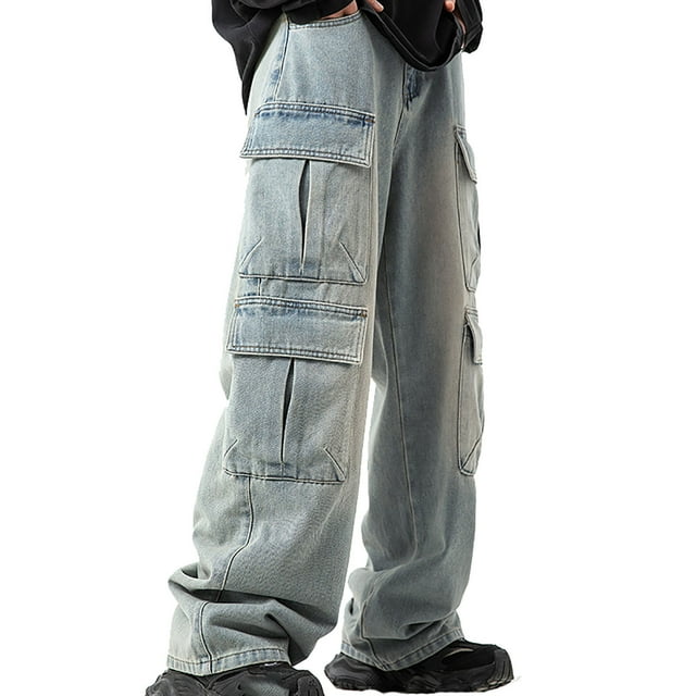 FYEGRE Travel Comfort Jeans Japanese Style Men's Distressed Washed Denim Jeans Loose Fit Casual Trousers With Multiple Pockets For Spring Fashion Blue L