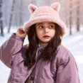 thumbnail image 4 of Ferjadq Kids Fuzzy Fleece Cat Ear Bucket Hat Short Brim Cute Winter Fisherman Cap for Toddler Girls Multi Tone Pink,2-8 Years, 4 of 5