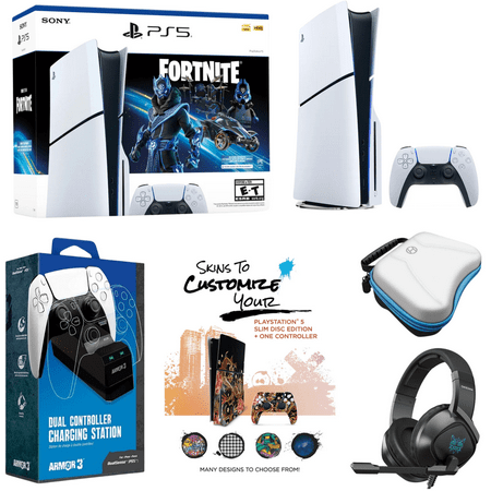 Sony PlayStation 5 Slim Disc Fortnite Cobalt Star Bundle with Wired Gaming Headset, Hard Shell Carry Case for Dualsense 5, Dual Charge Dock and MightySkins Decal Voucher